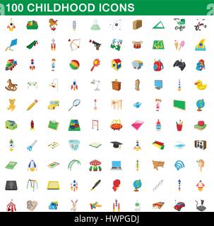 100 infanzia set di icone, stile cartoon Illustrazione Vettoriale
