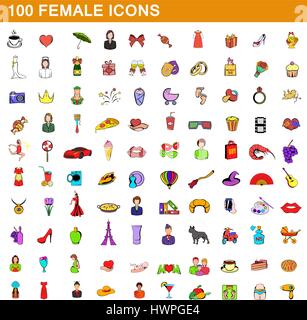 100 femmina set di icone, stile cartoon Illustrazione Vettoriale