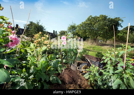 Re. La Terra giardinieri Henrietta Courtauld e Bridget Elworthy realizzare il compost a Wardington Manor vicino a Banbury, Oxfordshire - diffusione di compost tra Foto Stock