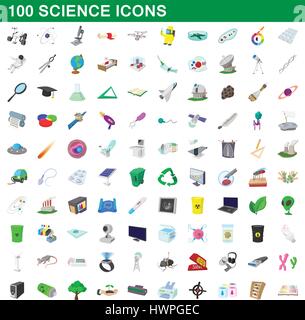 100 scienza set di icone, stile cartoon Illustrazione Vettoriale
