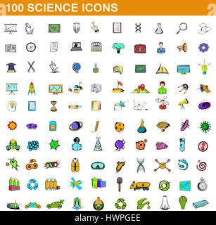 100 scienza set di icone, stile cartoon Illustrazione Vettoriale