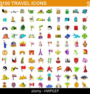 100 viaggio set di icone, stile cartoon Illustrazione Vettoriale