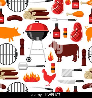 Barbecue modello senza cuciture con grill oggetti e icone Illustrazione Vettoriale