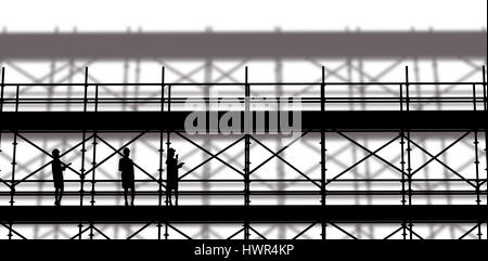 Architetto sorridente con elmetto contro l'immagine 3d di Realizzazione ponteggi Foto Stock