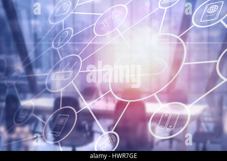 In modo digitale immagine composita di interfaccia tecnologica contro interno dell ufficio vuoto 3d Foto Stock