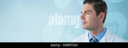 Riflessivo medico in labcoat contro le icone di medico Foto Stock