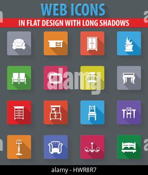 Mobilio web icone nel design piatto con ombre lunghe Illustrazione Vettoriale