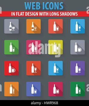 Bicchieri e tazze web icone nel design piatto con ombre lunghe Illustrazione Vettoriale