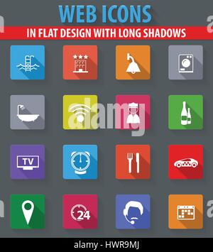 Hotel web icone nel design piatto con ombre lunghe Illustrazione Vettoriale