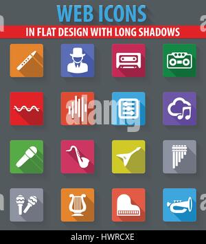 Music web icone nel design piatto con ombre lunghe Illustrazione Vettoriale