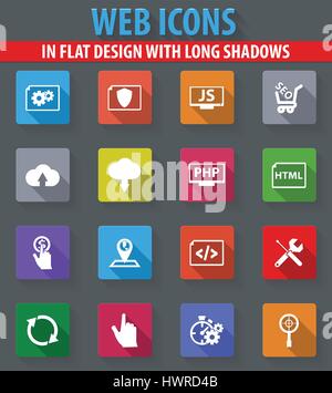 SEO e sviluppo web icone nel design piatto con ombre lunghe Illustrazione Vettoriale