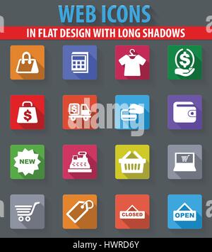 Shop web icone nel design piatto con ombre lunghe Illustrazione Vettoriale