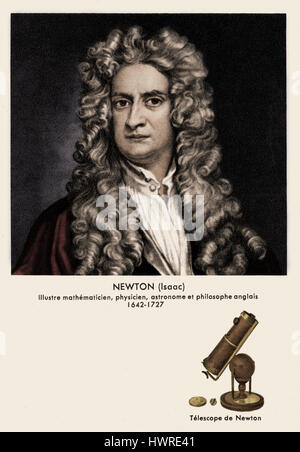 Isaac Newton, ritratto. Inglese matematico, fisico e astronomo filosofo, 25 Dicembre 1642 - 20 Marzo 1727 - Newton 's telescopio anche mostrato. Foto Stock