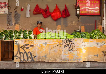 La città di New York, Stati Uniti d'America - Luglio 07, 2015: stand vegetali a Chinatown. Chinatown è la casa del più grande quantità del popolo cinese nell'emisfero occidentale. Foto Stock