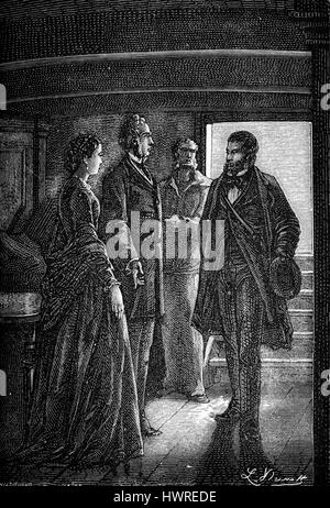 Il giro del mondo in ottanta giorni / Le Tour du monde en quatre-vingts jours di Jules Verne. Pubblicato per la prima volta 1873 (illustrazione dal 1892 edition da Leon Benet). La didascalia recita: "Mi rincresce di non aver nulla di meglio da offrire", ha detto il sig. Fogg per fissare? ' Capitolo 20 ; in cui fissare si trova faccia a faccia con Filea Fogg. JV romanziere francese 8 Febbraio 1828 - 24 Marzo 1905. (Filea Fogg di Londra e il suo cameriere francese Passepartout tentano di circumnavigare il mondo in 80 giorni su un £20.000 Puntata impostato dai suoi amici al Club di riforma). Foto Stock