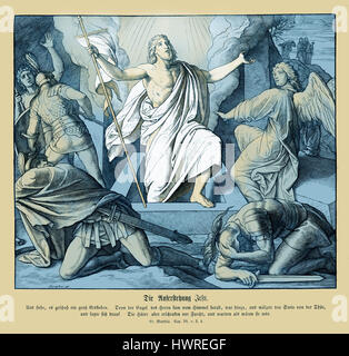 La risurrezione di Gesù, Vangelo di Matteo capitolo XXVIII versetti 2 - 4 'ed ecco che vi fu un gran terremoto: un angelo del Signore, sceso dal cielo, si accostò, rotolò la pietra e si pose a sedere su di essa. Il suo aspetto era come di folgore e il suo vestito bianco come la neve e per paura di lui, le guardie tremarono e rimasero come morte". 1852-60 illustrazione da Julius Schnorr von Carolsfeld Foto Stock