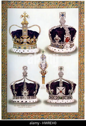 Royal corone e scettro, regno di Re Giorgio V c. 1910. St Edward's Crown, Stato Imperial Crown, scettro regale, Stato corona di Maria regina consorte di George V e corona imperiale dell India Foto Stock