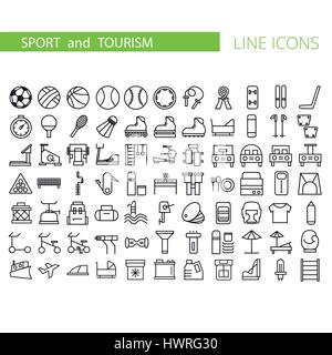 Lo sport e la ricreazione flat icon set. Collezione di simboli di contorno per il web design Illustrazione Vettoriale