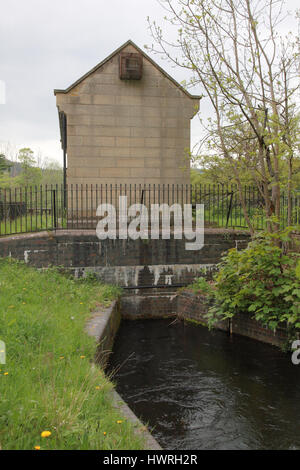 La pompa / casa della valvola dall'Horseshoe Falls che controlla il flusso di acqua dal fiume Dee a Llangollen canal Foto Stock