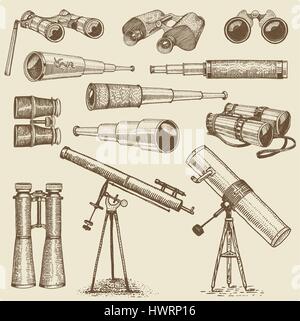 Set di strumenti astronomici, telescopi oculari e binocoli, quadrante, sestante inciso nel vintage disegnati a mano o taglio di legno stile vecchio schizzo bicchieri Illustrazione Vettoriale