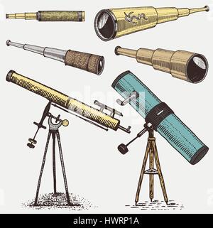 Set di strumenti astronomici, telescopi oculari e binocoli, quadrante, sestante inciso nel vintage disegnati a mano o taglio di legno stile vecchio schizzo bicchieri Illustrazione Vettoriale