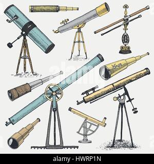 Set di strumenti astronomici, telescopi oculari e binocoli, quadrante, sestante inciso nel vintage disegnati a mano o taglio di legno stile vecchio schizzo bicchieri Illustrazione Vettoriale