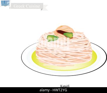 La cucina greca, Loukoumades o Dessert tradizionale sfere Topping con sciroppo e mandorla. Uno dei più popolari dolci in Grecia. Illustrazione Vettoriale