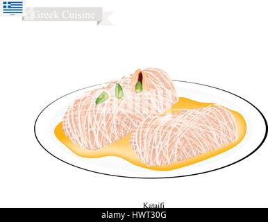 La cucina greca, Loukoumades o Dessert tradizionale sfere Topping con sciroppo e mandorla. Uno dei più popolari dolci in Grecia. Illustrazione Vettoriale