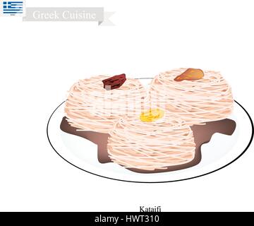 La cucina greca, Loukoumades o Dessert tradizionale sfere Topping con sciroppo e mandorla. Uno dei più popolari dolci in Grecia. Illustrazione Vettoriale