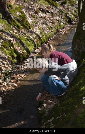 Due bambini di giocare in un piccolo ruscello in legno Foto Stock