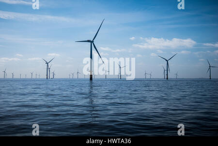 Turbine di Lincs Offshore Wind Farm al largo della costa della contea del Lincolnshire, Regno Unito Foto Stock