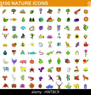 100 natura set di icone, stile cartoon Illustrazione Vettoriale