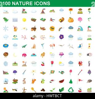 100 natura set di icone, stile cartoon Illustrazione Vettoriale