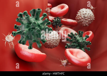 Virus e cellule del sangue, rendering 3D Foto Stock