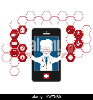Mobile servizi di assistenza sanitaria. Illustrazione che mostra la smart phone in esecuzione mobile app per utilizzare i servizi sanitari. Foto Stock