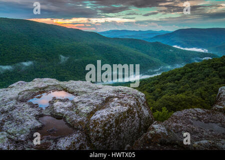 I colori del tramonto può essere visto riflette le piscine di acqua dopo una pioggia fresca sulla sommità di Table Rock in Canaan Valley, West Virginia come rotolo di nebbia Foto Stock