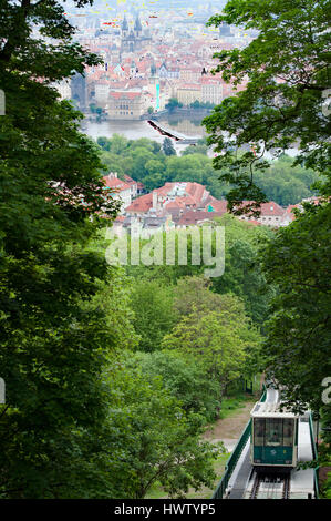 La funicolare contro il fondale di skyline della città di Praga Città riflette nel fiume Moldava ed incorniciata dagli alberi Foto Stock