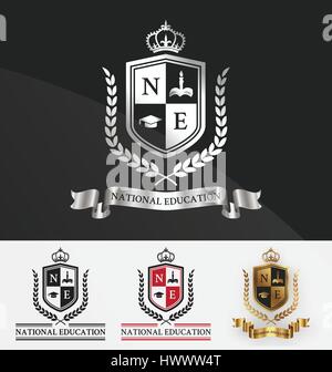 La protezione e la corona di alloro con corona crest logo design. Adatto per studente accademia, learning center, real estate, hotel, resort, ufficiali e di servizio Illustrazione Vettoriale