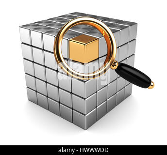 Abstract 3d illustrazione di ingrandire il vetro e il cubo, dati il concetto di ricerca Foto Stock