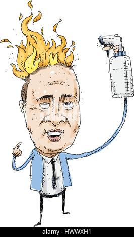 Un cartoon uomo in un vestito con i suoi capelli sul fuoco tenendo un acqua spray flacone. Illustrazione Vettoriale