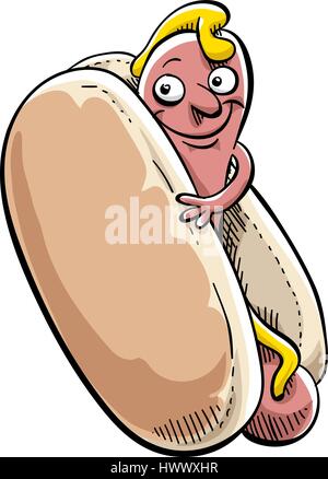 Un grinning, cartoon hot dog carattere in un panino e coperto con mostarda. Illustrazione Vettoriale