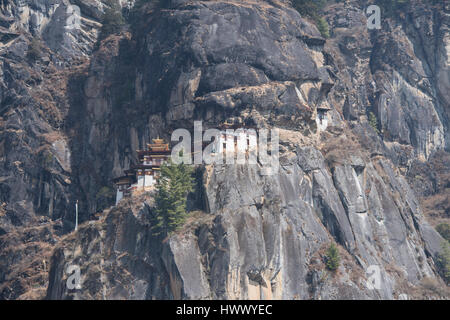 Il Bhutan, Paro. Tiger's Nest (aka Paro Taktsang o Taktsang Palphug monastero), prominente Himalayan sacro tempio Buddista complesso. Foto Stock