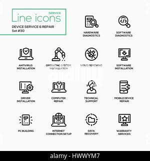 Dispositivo di riparazione di servizio - moderno vettore riga singola set di icone Illustrazione Vettoriale