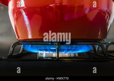 Un rosso brillante POT si siede sulla parte superiore del piano di cottura a gas di blue flames cuocere lentamente il contenuto. Foto Stock