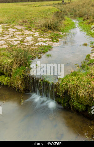 Piccola corrente in esecuzione su un verde prato con pietre e acqua liscia Foto Stock