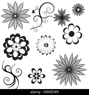Una serie di belle icone di fiori in bianco e nero Illustrazione Vettoriale