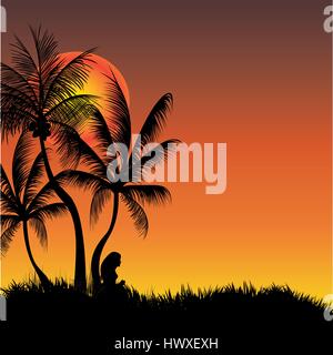 Signora giovane sotto un albero di cocco in appoggio Illustrazione Vettoriale