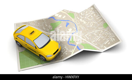 3d illustrazione di taxi veicolo e mappa, su sfondo bianco Foto Stock