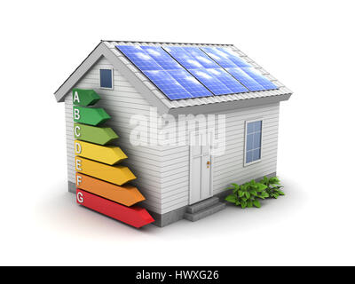 3d illustrazione di efficienza energetica casa, su sfondo bianco Foto Stock