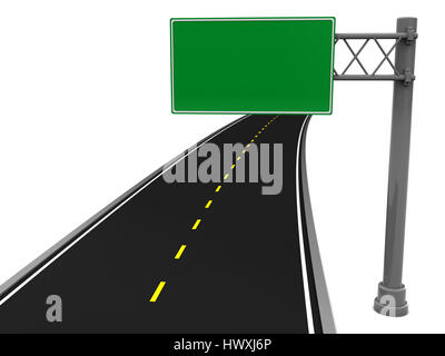 3d illustrazione di strada asfaltata e blank cartello stradale Foto Stock